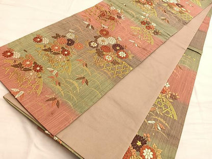 平和屋着物◎六通柄袋帯 籬草花文 金糸 正絹 逸品 BAAO0498du