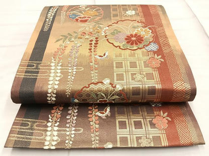 平和屋着物◎六通柄袋帯 唐織 吉祥雪輪草花文 金糸 正絹 逸品 BAAO0712cm