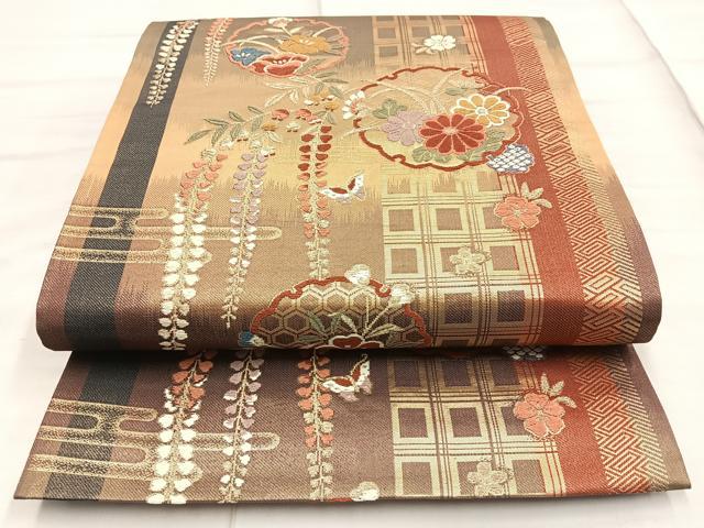 平和屋着物◎六通柄袋帯 唐織 吉祥雪輪草花文 金糸 正絹 逸品 BAAO0712cm