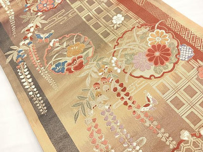 平和屋着物◎六通柄袋帯 唐織 吉祥雪輪草花文 金糸 正絹 逸品 BAAO0712cm