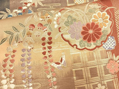 平和屋着物◎六通柄袋帯 唐織 吉祥雪輪草花文 金糸 正絹 逸品 BAAO0712cm