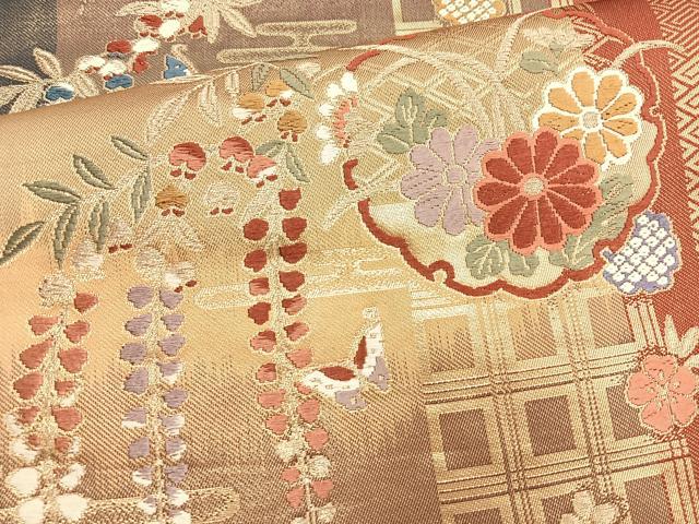 平和屋着物◎六通柄袋帯 唐織 吉祥雪輪草花文 金糸 正絹 逸品 BAAO0712cm