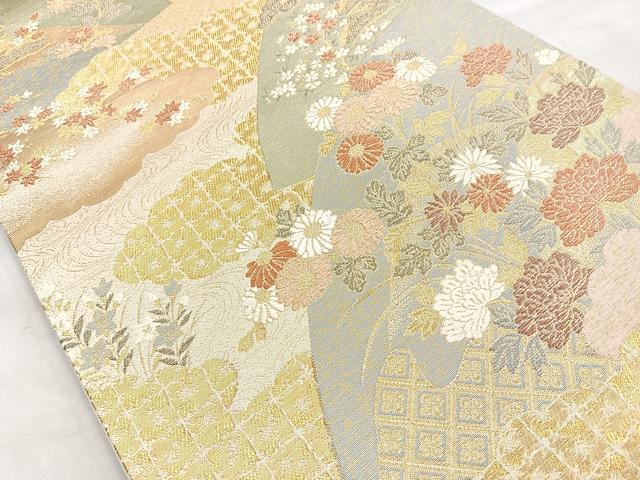 平和屋着物◎六通柄袋帯 唐織 扇面四季の彩文 金糸 正絹 逸品 BAAO0762cm