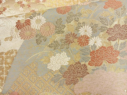 平和屋着物◎六通柄袋帯 唐織 扇面四季の彩文 金糸 正絹 逸品 BAAO0762cm