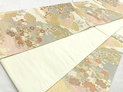 平和屋着物◎六通柄袋帯 唐織 扇面四季の彩文 金糸 正絹 逸品 BAAO0762cm
