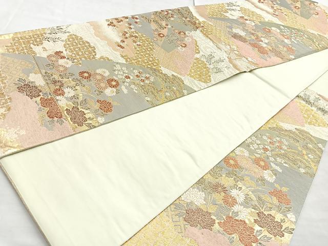 平和屋着物◎六通柄袋帯 唐織 扇面四季の彩文 金糸 正絹 逸品 BAAO0762cm