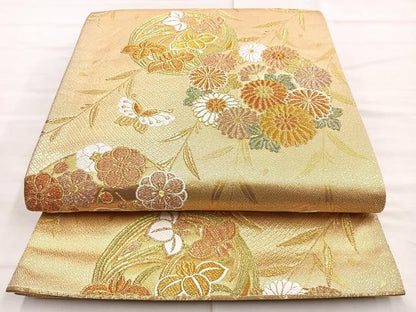 平和屋着物◎六通柄袋帯 唐織 舞蝶草花丸文 金糸 正絹 逸品 BAAO0763cm