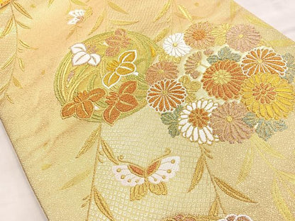 平和屋着物◎六通柄袋帯 唐織 舞蝶草花丸文 金糸 正絹 逸品 BAAO0763cm