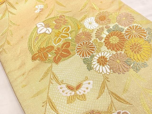 平和屋着物◎六通柄袋帯 唐織 舞蝶草花丸文 金糸 正絹 逸品 BAAO0763cm