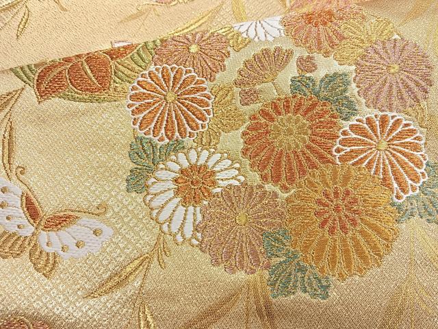 平和屋着物◎六通柄袋帯 唐織 舞蝶草花丸文 金糸 正絹 逸品 BAAO0763cm