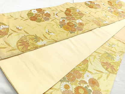 平和屋着物◎六通柄袋帯 唐織 舞蝶草花丸文 金糸 正絹 逸品 BAAO0763cm