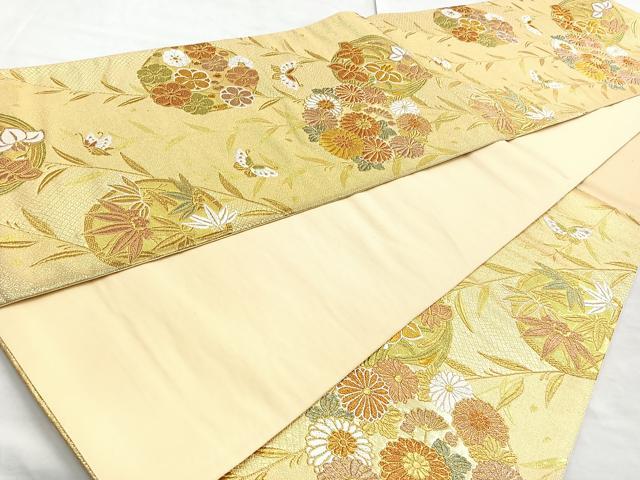 平和屋着物◎六通柄袋帯 唐織 舞蝶草花丸文 金糸 正絹 逸品 BAAO0763cm