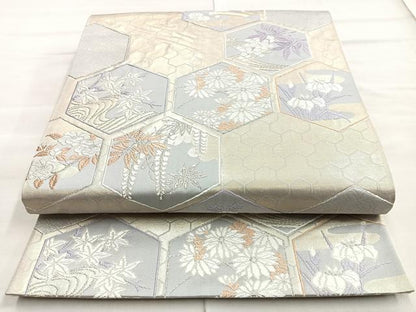 平和屋着物◎六通柄袋帯 唐織 亀甲草花文 金糸 正絹 逸品 BAAO0789cm