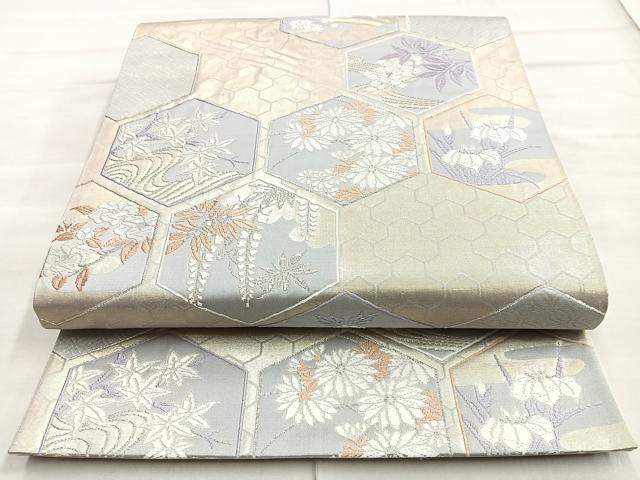 平和屋着物◎六通柄袋帯 唐織 亀甲草花文 金糸 正絹 逸品 BAAO0789cm