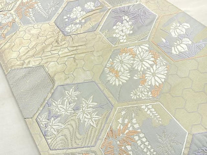 平和屋着物◎六通柄袋帯 唐織 亀甲草花文 金糸 正絹 逸品 BAAO0789cm