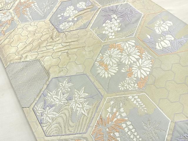 平和屋着物◎六通柄袋帯 唐織 亀甲草花文 金糸 正絹 逸品 BAAO0789cm