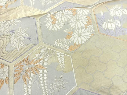 平和屋着物◎六通柄袋帯 唐織 亀甲草花文 金糸 正絹 逸品 BAAO0789cm