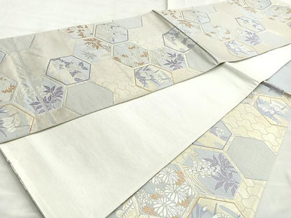 平和屋着物◎六通柄袋帯 唐織 亀甲草花文 金糸 正絹 逸品 BAAO0789cm
