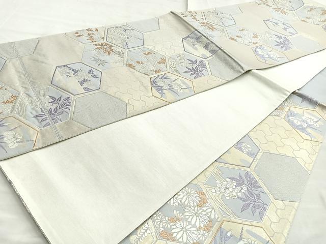 平和屋着物◎六通柄袋帯 唐織 亀甲草花文 金糸 正絹 逸品 BAAO0789cm
