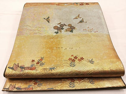 平和屋着物◎六通柄袋帯 流水花鳥文 金糸 引箔 正絹 逸品 BAAO1752if