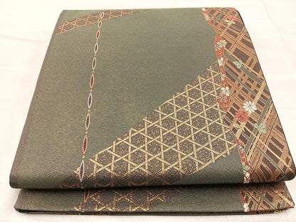 平和屋着物◎六通柄袋帯 唐織 竹垣花文 金糸 正絹 逸品 BAAO1759if