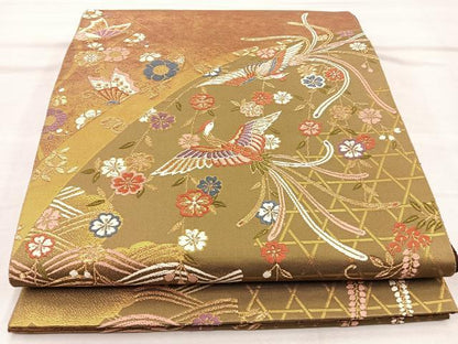 平和屋着物◎六通柄袋帯 唐織 鳳凰花蝶文 金糸 正絹 逸品 BAAO1768if