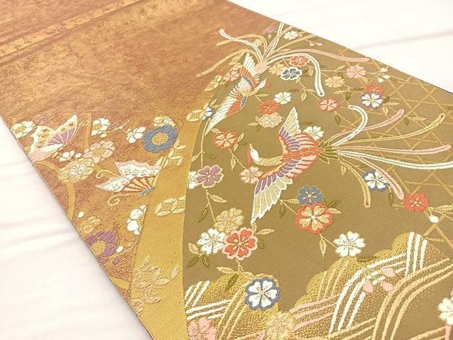 平和屋着物◎六通柄袋帯 唐織 鳳凰花蝶文 金糸 正絹 逸品 BAAO1768if