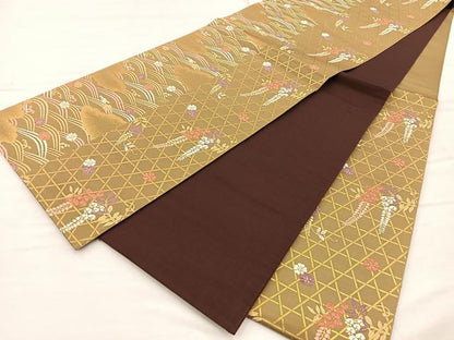 平和屋着物◎六通柄袋帯 唐織 鳳凰花蝶文 金糸 正絹 逸品 BAAO1768if