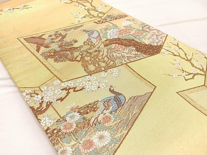 平和屋着物◎六通柄袋帯　唐織　松孔雀絵図　金糸　正絹　逸品　BAAO1775if