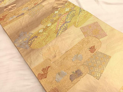 平和屋着物◎六通柄袋帯 唐織 流水片輪車若松葉 金糸 正絹 逸品 BAAO2002du