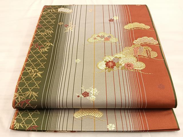 平和屋着物◎六通柄袋帯 唐織 光琳松草花間道 金糸 正絹 逸品 BAAO2014du
