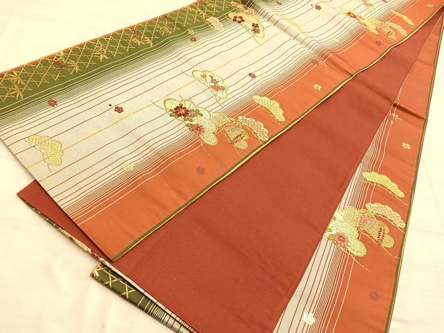 平和屋着物◎六通柄袋帯 唐織 光琳松草花間道 金糸 正絹 逸品 BAAO2014du