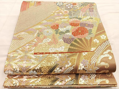 平和屋着物◎六通柄袋帯 唐織 扇面花文 金糸 正絹 逸品 BAAO3117if