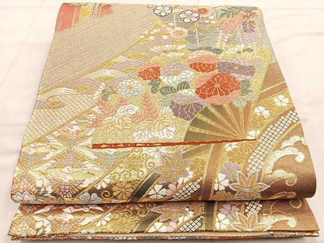 平和屋着物◎六通柄袋帯 唐織 扇面花文 金糸 正絹 逸品 BAAO3117if