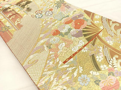 平和屋着物◎六通柄袋帯 唐織 扇面花文 金糸 正絹 逸品 BAAO3117if