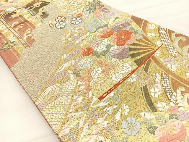 平和屋着物◎六通柄袋帯 唐織 扇面花文 金糸 正絹 逸品 BAAO3117if