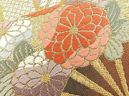 平和屋着物◎六通柄袋帯 唐織 扇面花文 金糸 正絹 逸品 BAAO3117if