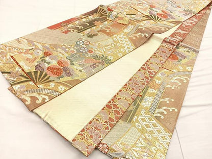 平和屋着物◎六通柄袋帯 唐織 扇面花文 金糸 正絹 逸品 BAAO3117if