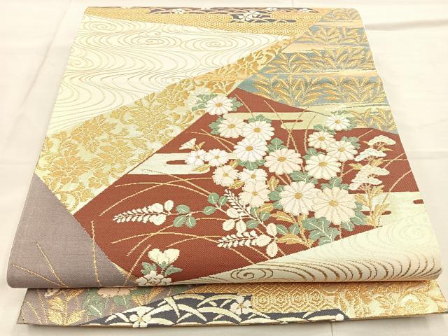平和屋着物◎六通柄袋帯 切嵌流水草花文 金糸 正絹 逸品 BAAO3121if