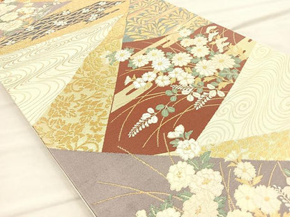 平和屋着物◎六通柄袋帯 切嵌流水草花文 金糸 正絹 逸品 BAAO3121if