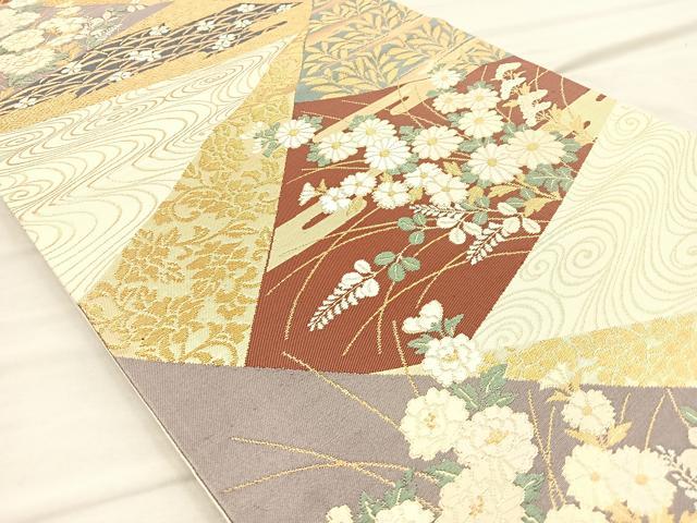 平和屋着物◎六通柄袋帯 切嵌流水草花文 金糸 正絹 逸品 BAAO3121if