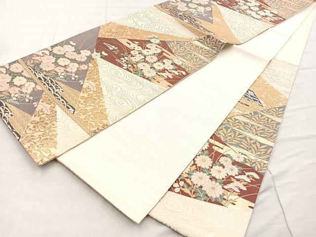 平和屋着物◎六通柄袋帯 切嵌流水草花文 金糸 正絹 逸品 BAAO3121if