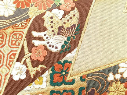 平和屋着物◎六通柄袋帯　唐織　松皮取蝶花文　金糸　正絹　逸品　BAAO3189if