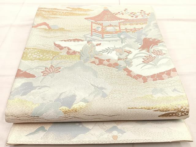 平和屋着物◎太鼓柄袋帯 人物風景文 金糸 正絹 逸品 BAAO3402if