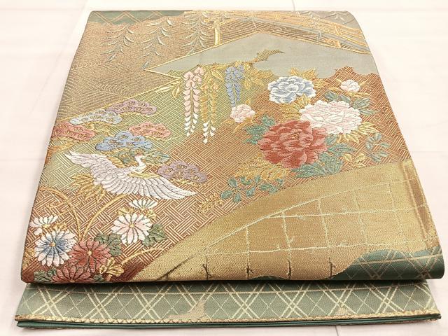 平和屋着物◎六通柄袋帯 唐織 松皮菱飛鶴花文 金糸 正絹 逸品 BAAO3433if