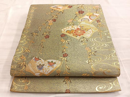 平和屋着物◎六通柄袋帯 舞衣錦 流水草花冊子文様 金糸 正絹 逸品 BAAO4089du