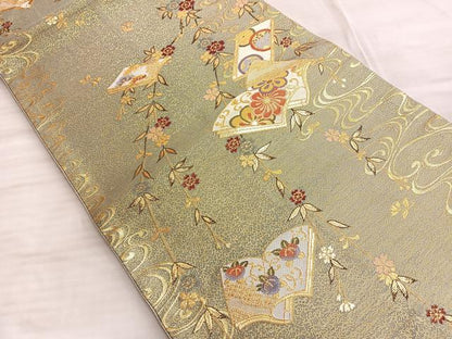 平和屋着物◎六通柄袋帯 舞衣錦 流水草花冊子文様 金糸 正絹 逸品 BAAO4089du