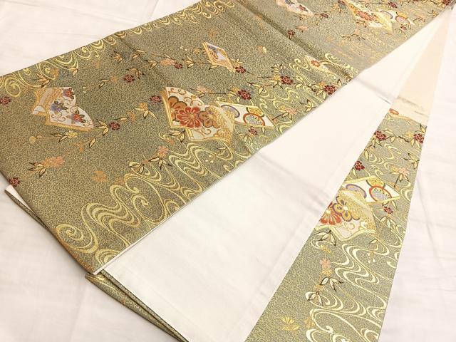 平和屋着物◎六通柄袋帯 舞衣錦 流水草花冊子文様 金糸 正絹 逸品 BAAO4089du