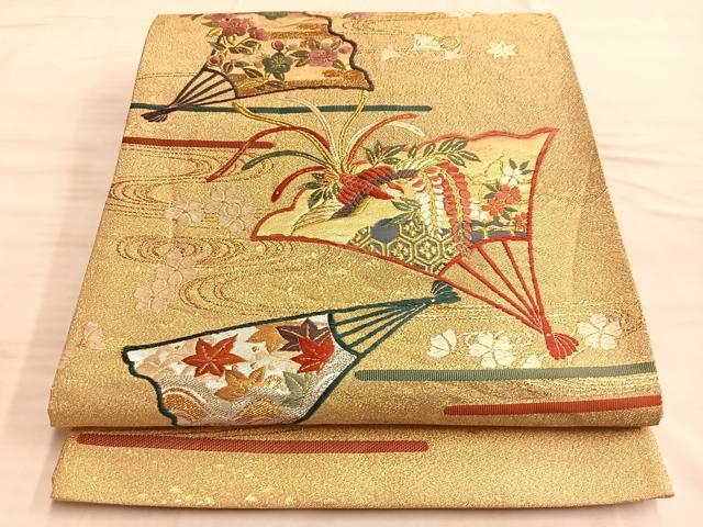 平和屋着物◎六通柄袋帯 唐織 綴れ 鳳凰扇面有職文 金銀糸 正絹 逸品 BAAO4095du