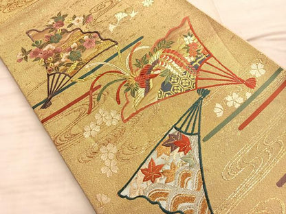 平和屋着物◎六通柄袋帯 唐織 綴れ 鳳凰扇面有職文 金銀糸 正絹 逸品 BAAO4095du